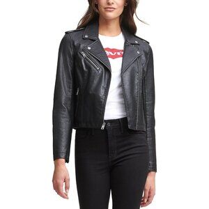 Women's The Classic Faux Leather Moto Jacket Font Full Zipper Long Sleeve Black